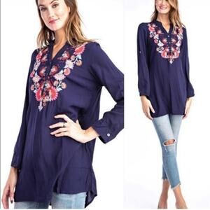 Solitaire Blue Embroidered Tunic Popover Top Long Sleeves MEDIUM Western Boho